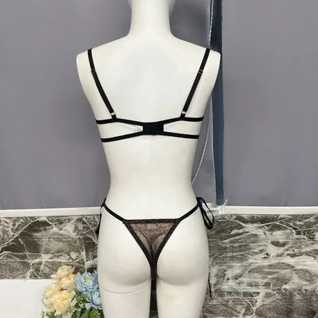 Two Piece Sexy Leopard Women's Lingerie Sets French Ultra Thin See Through Underwire Bra and Panty Erotic Lace Up Bow Underwear