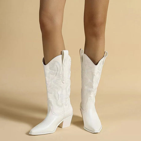 White Cowgirl Western Boots Embroidery Cowboy Boots for Women 2026 Brand Fashion Chunky Heeled Women Mid-Calf Boots Shoes Comfy