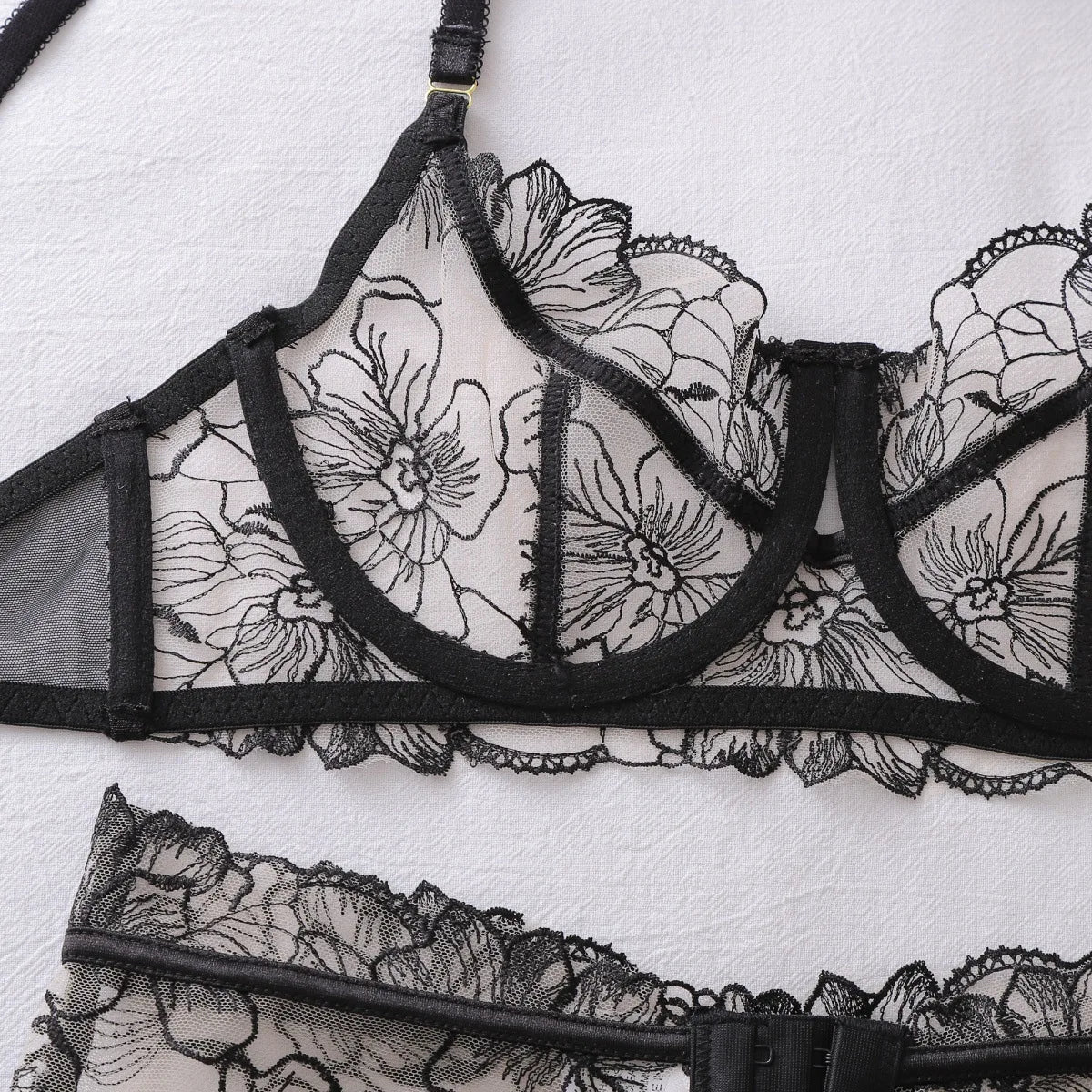 Ellolace French Women's Lingerie Fantasy Embroidered Bra Belt Thong with Leg Circles Elegant Floral Romantic Cute Miss Underwear