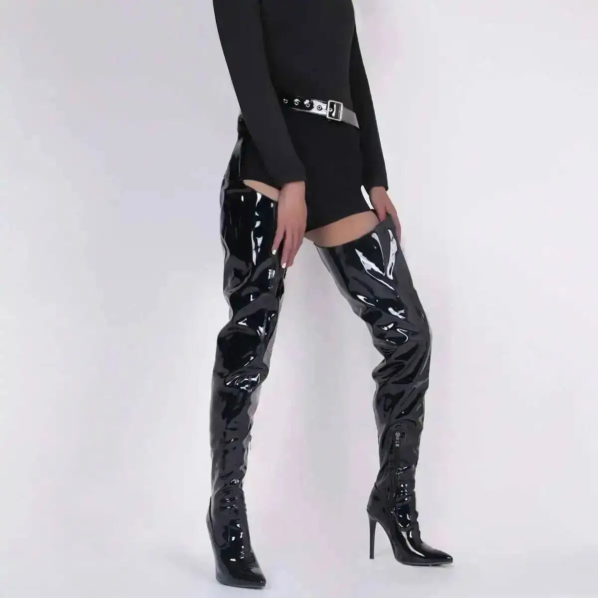 White Sexy Stiletto Heel Belt Buckle Over The Knee Boots Big Size 41-46 Pu Leather Thigh High Boots Shoes