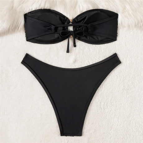 Pink Shiny Glitter Mesh Bandeau Bikinis Sets Sexy Swimsuit Woman 2026 Metal Ring Swimwear High Cut Bathing Suit Bikini De Mujer