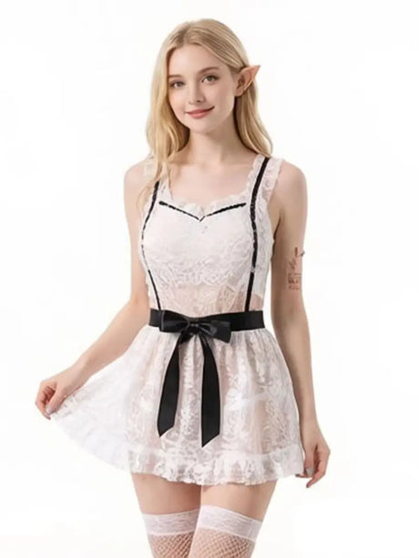Women White Floral Lace Babydoll Lingerie Mini Dress Black Satin Bow Waist Belt Strap Sheer Nightgown Cosplay