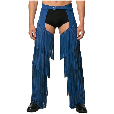 Mens Western Cowboy Chaps Fuax Suede Tassel Hollow Out Open Crotch Long Pants Adjustable Buckles Waist Motorcycle Biker Trousers