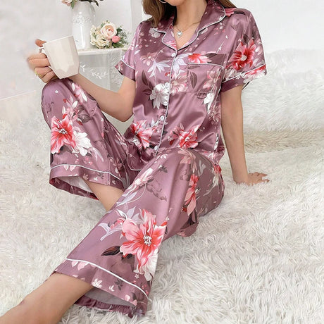 Women Satin Pajama Casual Sleepwear Home Clothes Suit Autumn Long Sleeve Button Up Top & Pants Nightwear Loungewear Pyjama Femme
