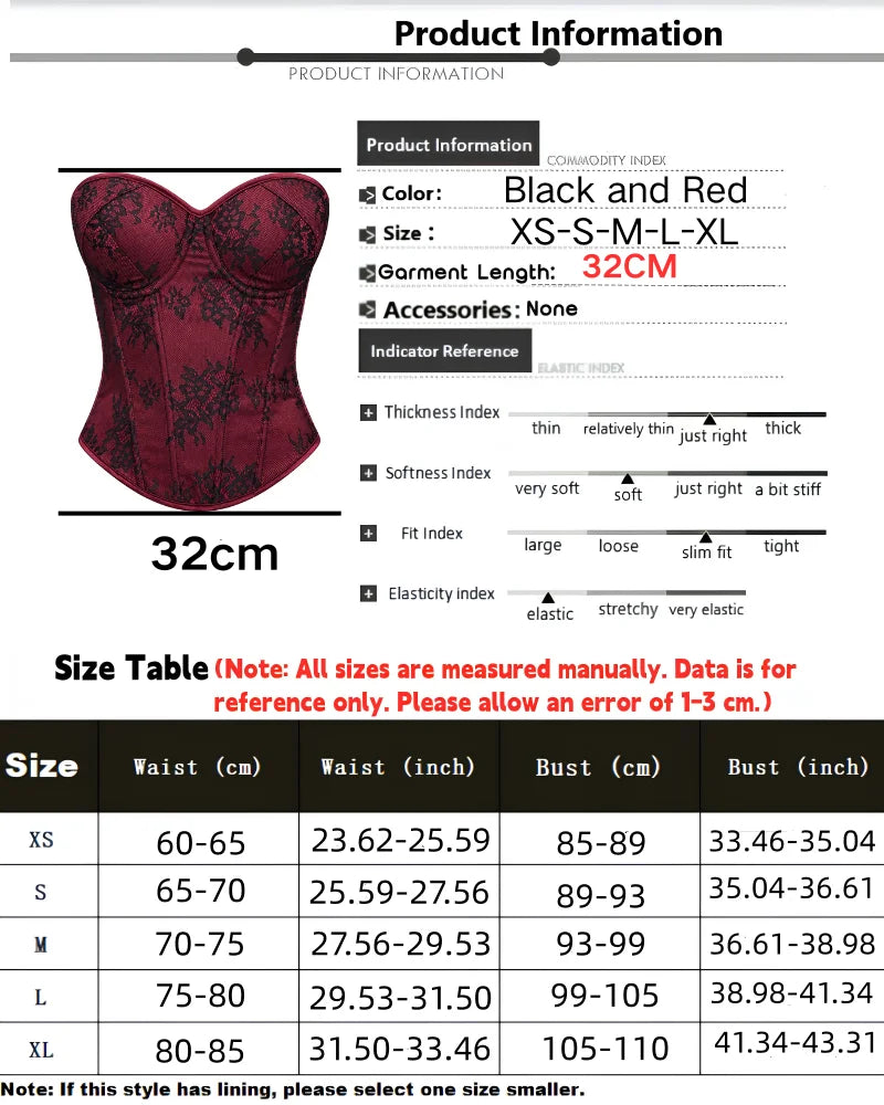 Women's Lace Corset Top Strapless Burgundy Black Molded Cup Back Lace-Up Waist Cincher Push-Up Bustier