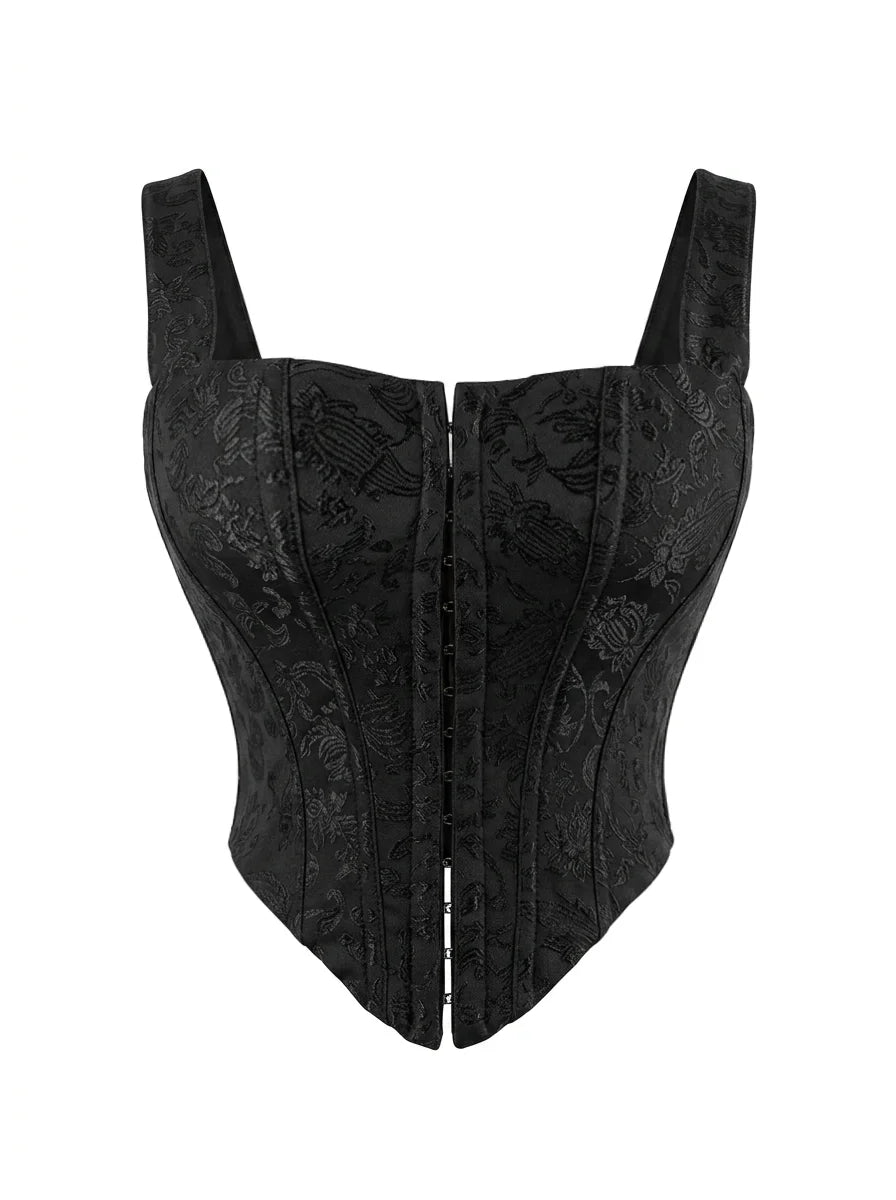 Floral Jacquard Wide Strap Corset Top Front Hook Back Lace Up Square Neck For Women