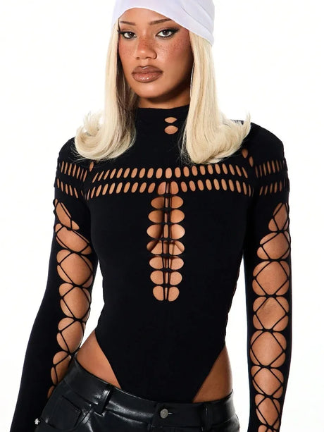 FHSEER SummerWomen's Y2K Sexy Bodysuit High Neck Bodycon Front Cutout & Lace-up Mesh Sleeve Stretchy Edggy Clubwear Streetwear