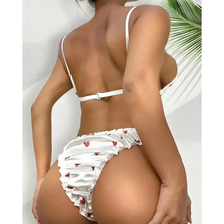 Sexy heart printed lingerie sets for women satin silk bra panties pajamas set soft sleepwear erotic babydolls costumes plus size
