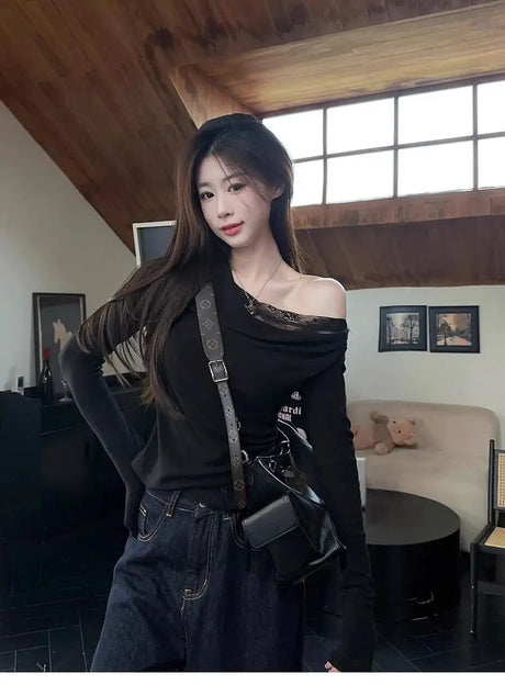 Lace Splice Asymmetrical Shoulder Long Sleeve T-Shirt Women's Slim Fit White Top for Autumn Winter Commute Casual Wear