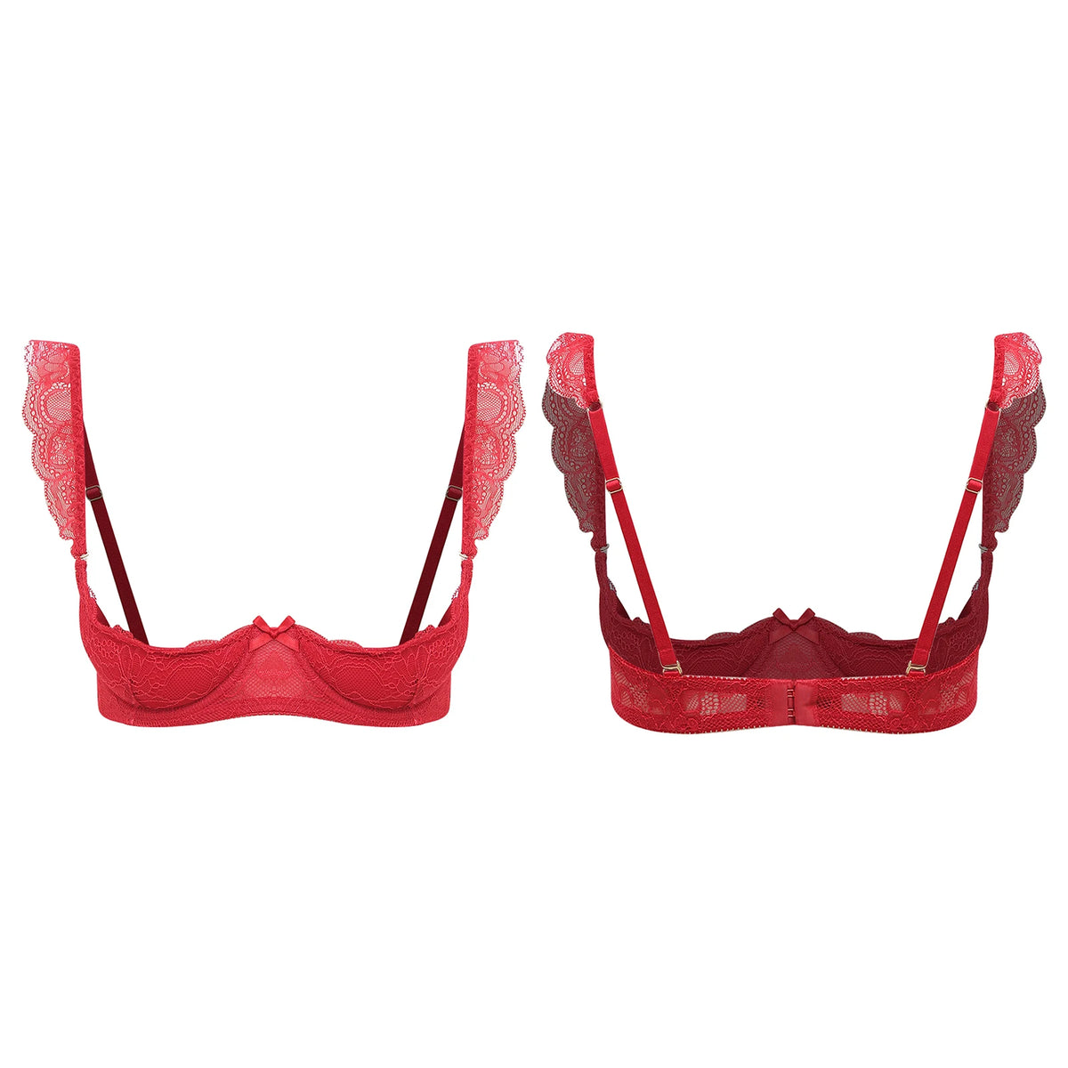 Womens Floral Lace 1/4 Cup Bra Removable 2cm Thick Pads Underwired Balconette Bra Ruffled Spaghetti Straps Brassiere Lingerie