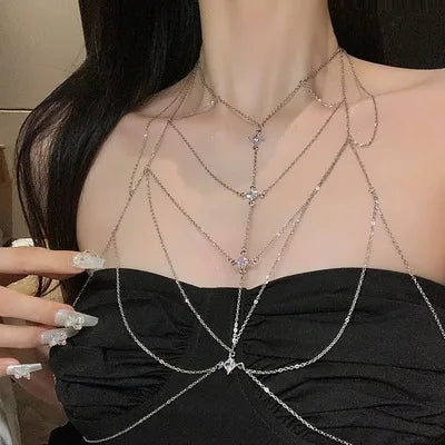 Fashion Square Zircon Chest Chain for Women Personalized Sexy Multi Layer Chain Tassel Body Chain Beach Bikini Jewelry Gift