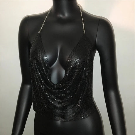 Sexy Metal Sequins Tank Top For Women 2025 Summer V Neck Backless Crop Tops Luxury Solid Short Party Nightclub Tank Tops