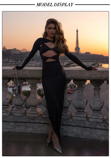 VC 2026 New Sexy Cutout Dresses For Women Sexy Hollow Out Design Long Sleeves Black Gowns Special Events