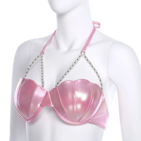 Women Shiny Bikini Bra Top Halter Neck Sheel Mermaid Swimwear Bead Chains Padded Bra Swim Tops Hawaii Beach Party Bathing Suit