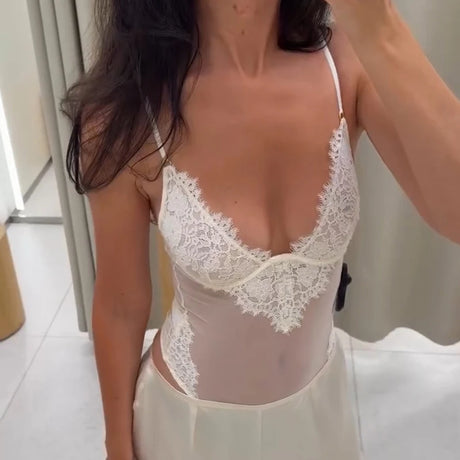 Lace Splice Sheer Bodysuit V Neck Spaghetti Strap Fitted 2026 Summer Women Club Fashion Outfit Party Trendy Slim Lingerie