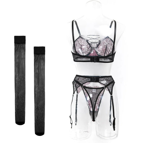 Women's 4-Piece Sheer Lace Lingerie Set Crisscross Strap Bra Garter Belt Long Socks Seductive Intimate Underwear