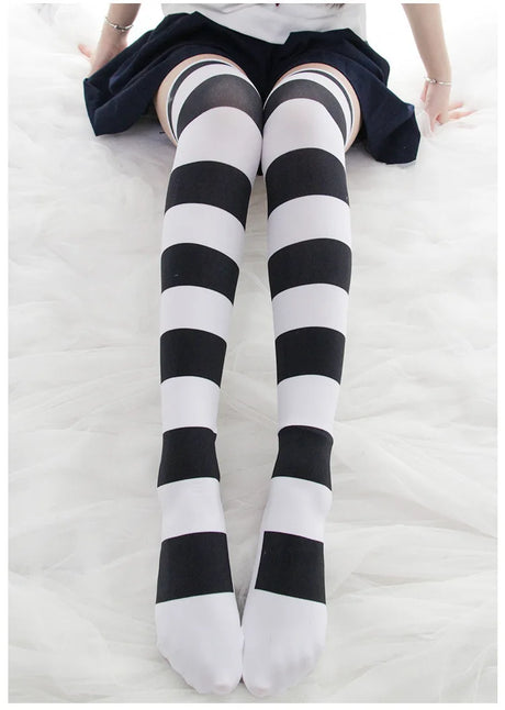 Lolita Over Knee Socks Pink Strip Kawaii Cat Paw Print Stockings Lolita Gothic Velvet Over The Knee Thigh High JK Long Stockings