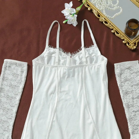 Women's White Corset Lingerie Set 4 Piece Underwire Dress Thong Panty Lace Gloves Stockings Sexy Nightwear Set Elegant Stretchy