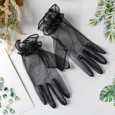 1 Pair Women's Lace Full Finger Gloves Fashion Short Tulle Elastic Etiquette Lotus Leaf Shears for Stylish Hand Protection