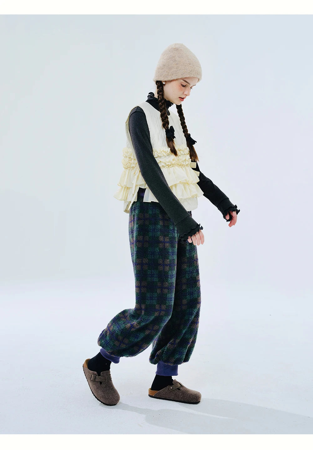 Green Plaid Lamb Wool Lantern Pants Female clothing women's pants and trousers Elastic Waist Loose Baggy Trousers for woman