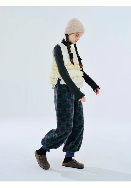 Green Plaid Lamb Wool Lantern Pants Female clothing women's pants and trousers Elastic Waist Loose Baggy Trousers for woman