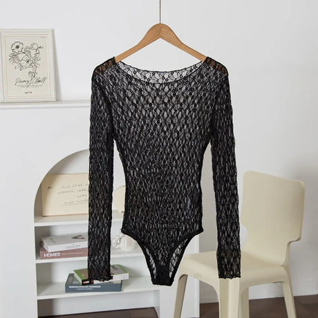 Women's Black Lace Bodysuit Y2k Long Sleeve Sheer Tops Fashion Slim Hollow Out See Through Mesh Blouses Sexy Lingerie Bodysuits