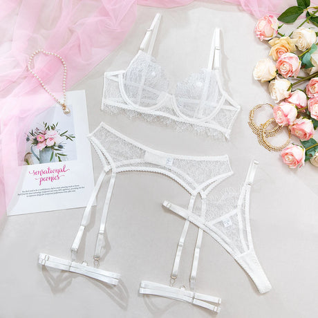 Women's Pink Floral Lace Sheer Lingerie Set See-Through Push-Up Bra Waist Cincher with Garter Belt Thong Intimate Erotic Outfits