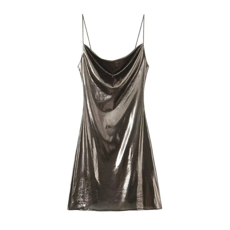 HH Women's Sexy Shinning Metallic Color Slip Mini Dress Woman Fashion Spaghetti Strap Pleated V-neck Slim Party Dresses