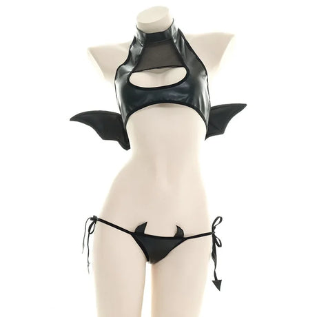 Sexy Patent Leather Little Devil Wings Lingerie SM Open Chest Bra Costume Anime Irina Shidou Black Bodysuit Stocking Tight