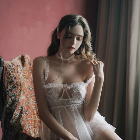 Fancy Nightgown Lingeries for Woman Sexy Sleepwear Deep V Soft Silk Romantic Night Dress Sling Lace Pajamas Fantasy Nightwear
