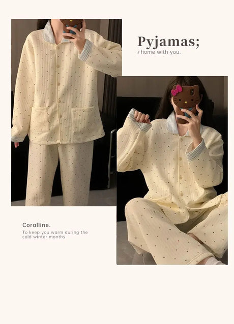 Thickened Air Cotton Sleepwear Set for Women Autumn Winter Polka Dot Home Clothes Korean Style Cute Girl Long Sleeve V-Neck
