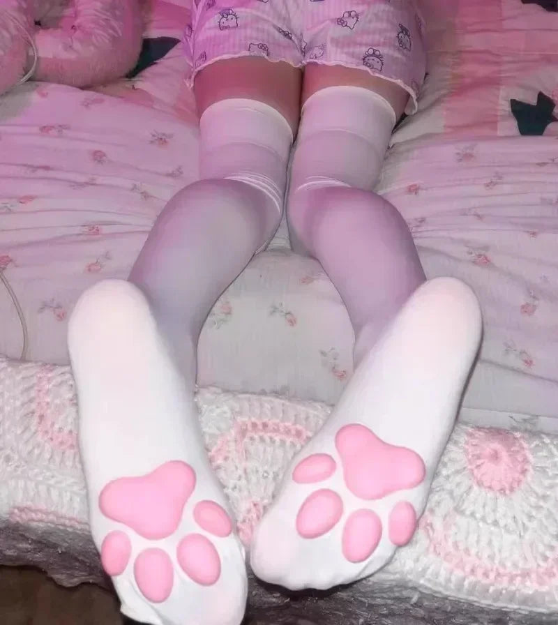 1 Pair 3D Cat Paw Meat Pad Knee High Socks, Home Floor Socks,Creative Funny Socks For Girls
