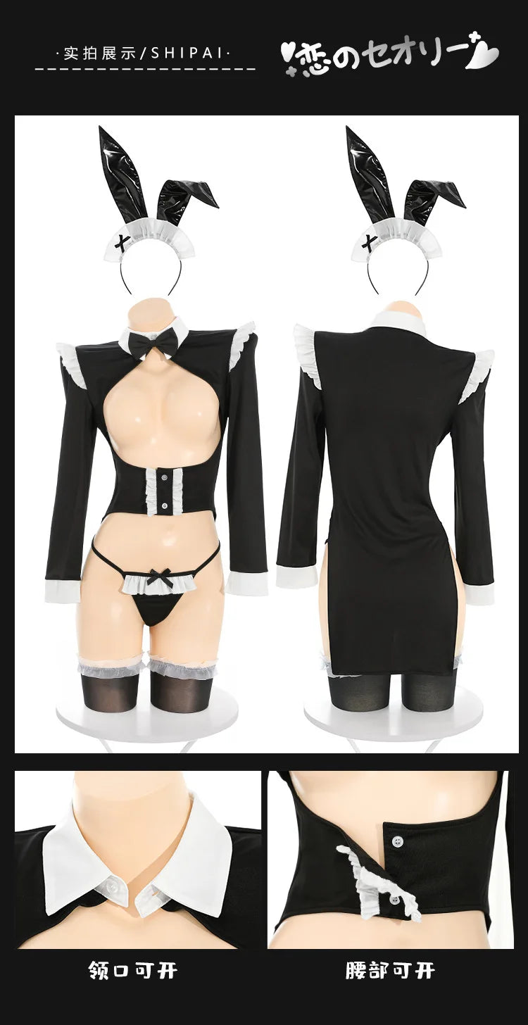 Sexy Women Bunny Girl Cosplay Costume Hollow Chest Lingerie Outfit with Bunny Ear Headband Maid Dress Halloween Roleplay Uniform