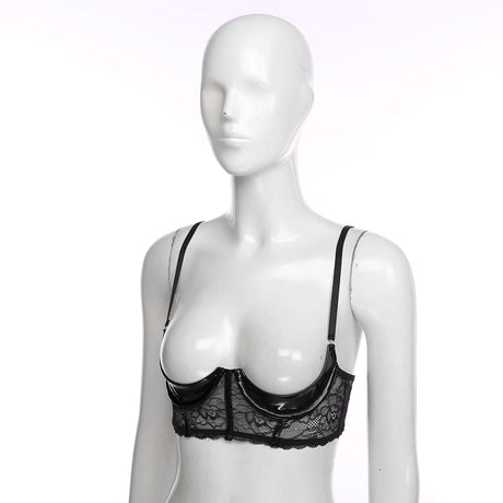 Womens Sexy Open Cup Underwired Bra Patent Leather See-through Floral Lace Brassiere Exposed Nipple Lingerie Underwear Nightwear