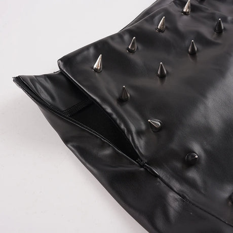 Women Low Waist Faux Leather Mini Shorts Spike Studded Decor Slim Fit Solid Black Punk Gothic Clubwear Y2K Streetwear Bottoms