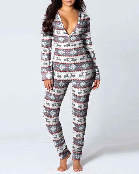Sexy Pyjama Women's Long Sleeves Homewear Suit Button-Down Front Back Butt Bum Open Ass Flap Jumpsuit Loungewear Christmas Print