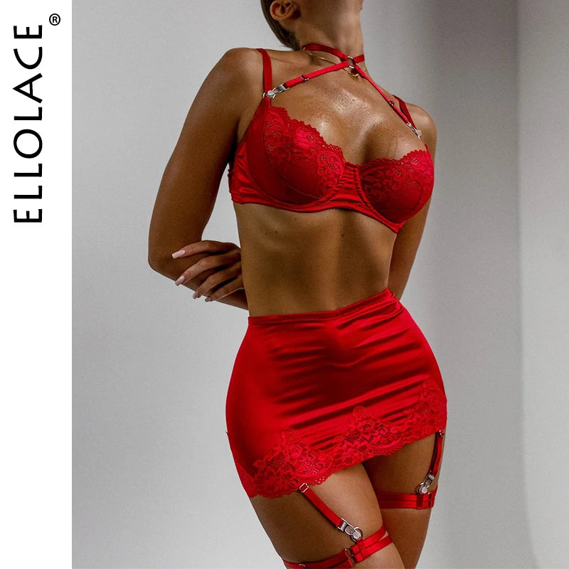 Ellolace Lace Lingeries Sexy Hot Halter Bra Heart g-String Thongs Sissy Erotic Garter Ensemble Exotic Sets Romantic Underwear