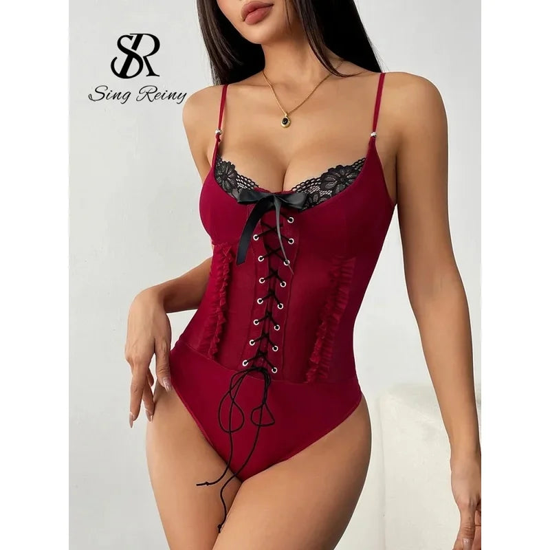 Nolia Hot Girl Spliced Sexy Playsuits Fashion Strap Lace Up Backless Sheer Rompers Ruffles Hotsweet Corset Bodysuits 5d4;