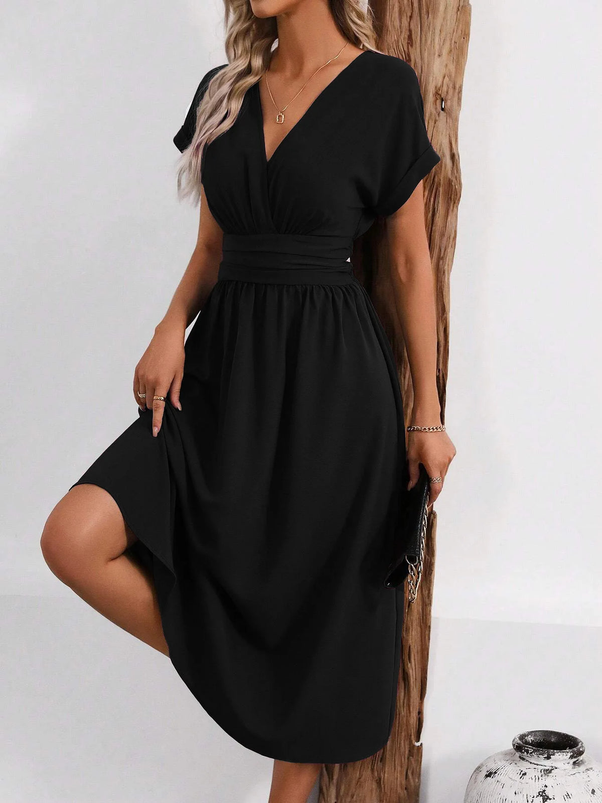 Dresses 2025 Woman Summer Solid-Color V-Neck Batwing-Sleeve Pleated Long Elegant Dress Woman Clothing Tops Skirts Y2k Clothes