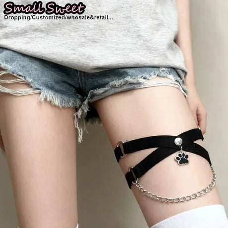 Women Gothic Cute Cat Paw Elastic Thigh Garter Y2K Spicy Girl Leg Ring Punk JK Cool Thigh Chain Cross Binding Thigh Harness