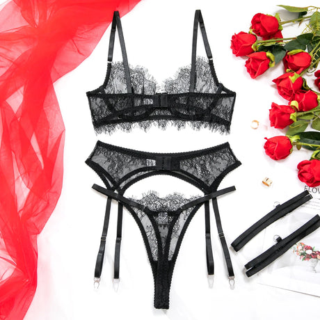 Women's Pink Floral Lace Sheer Lingerie Set See-Through Push-Up Bra Waist Cincher with Garter Belt Thong Intimate Erotic Outfits