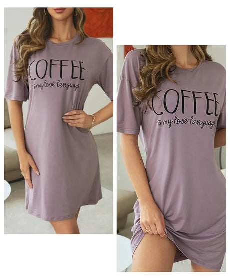 Casual Slogan Print Nightdress For Women Short Sleeve Sleepwear Dresses Loose Fit Tee Nightwear Home Clothes Nightie Loungewear