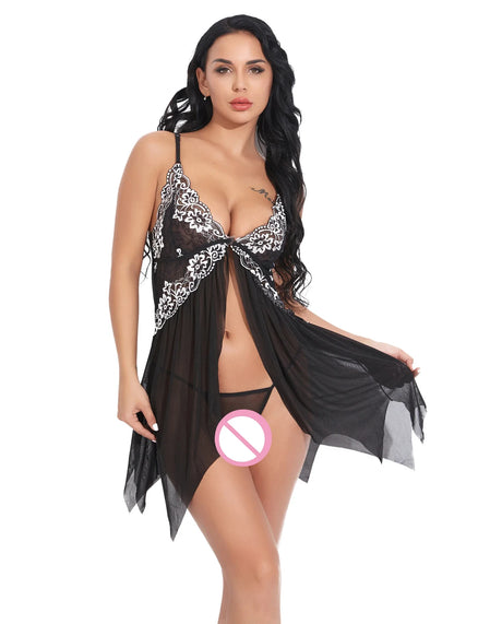 Lace Front Closure Sleepwear Women Sexy Lingerie Dress Porno Suit Babydoll Transparent Mesh Nightdress Erotic Clothing