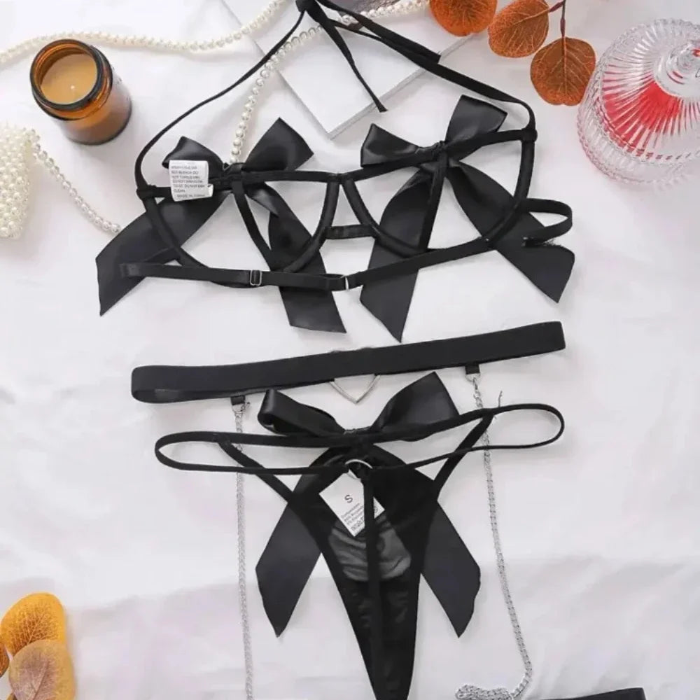 Cutout Underwire Bra Garter Lingerie Satin Bow Decor Chain Leg Straps Harness Intimate Outfit For Dating Anniversary Nightwear
