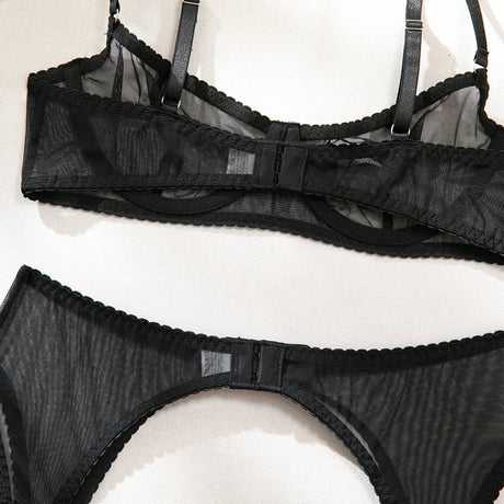 Ellolace Solid Lingeries Sexy Hot Sissy See Through Mesh Bra 3PC Set with Stockings Tempted Underwear Fancy Erotic Clubwear