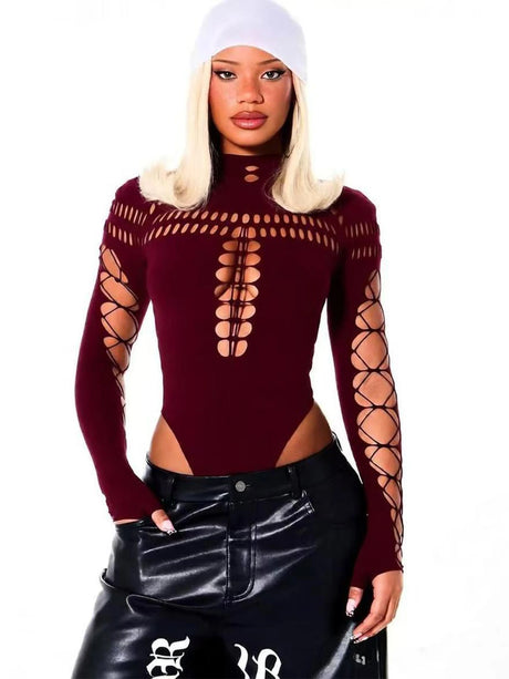 FHSEER SummerWomen's Y2K Sexy Bodysuit High Neck Bodycon Front Cutout & Lace-up Mesh Sleeve Stretchy Edggy Clubwear Streetwear
