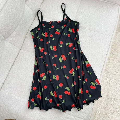 Summer Women Satin Sleepdress Cute Teddy Bear Butterfly Heart Floral Pinting Sleepwear Ladies Sexy Sling Ruffled Hem Loungewear