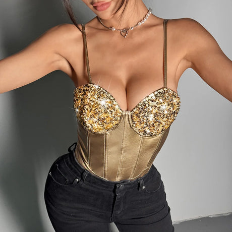 Sleeveless Spaghetti Strap Summer Sequin Underwire Satin Bodysuit Women 2026 Streetwear Sexy Club Outfits One-piece Body Top