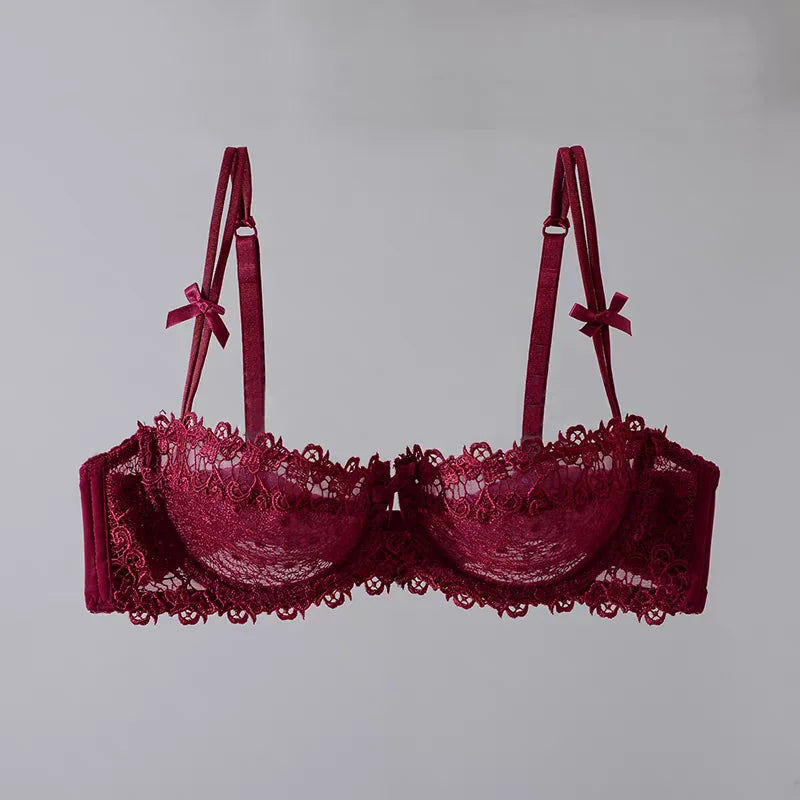 European Lace Bra Set Ultra-Thin Semi-Transparent, Half Cup Pure Desire Bras for Small Chest, Anti-Sagging Comfortable Underwear