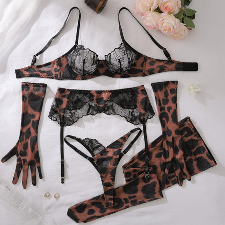 Ellolace Leopard Costume For Women Lingerie Ultra Sexy Lace Patchwork Intimate Sexy Complete with Gloves Stocking Underwear